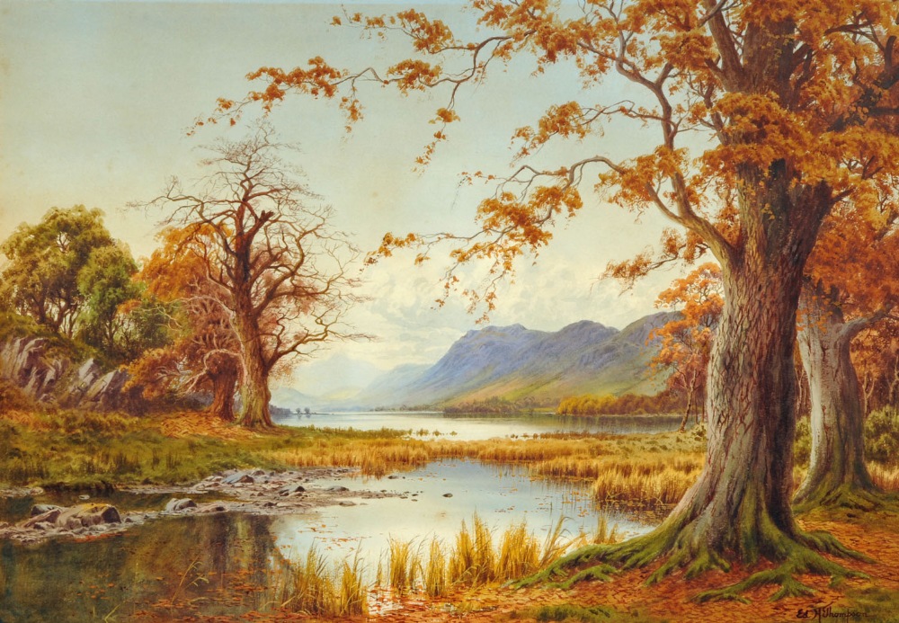 Edward Horace Thompson (1879-1949), watercolour, "When Red Leaves are Falling" Coniston Lake from