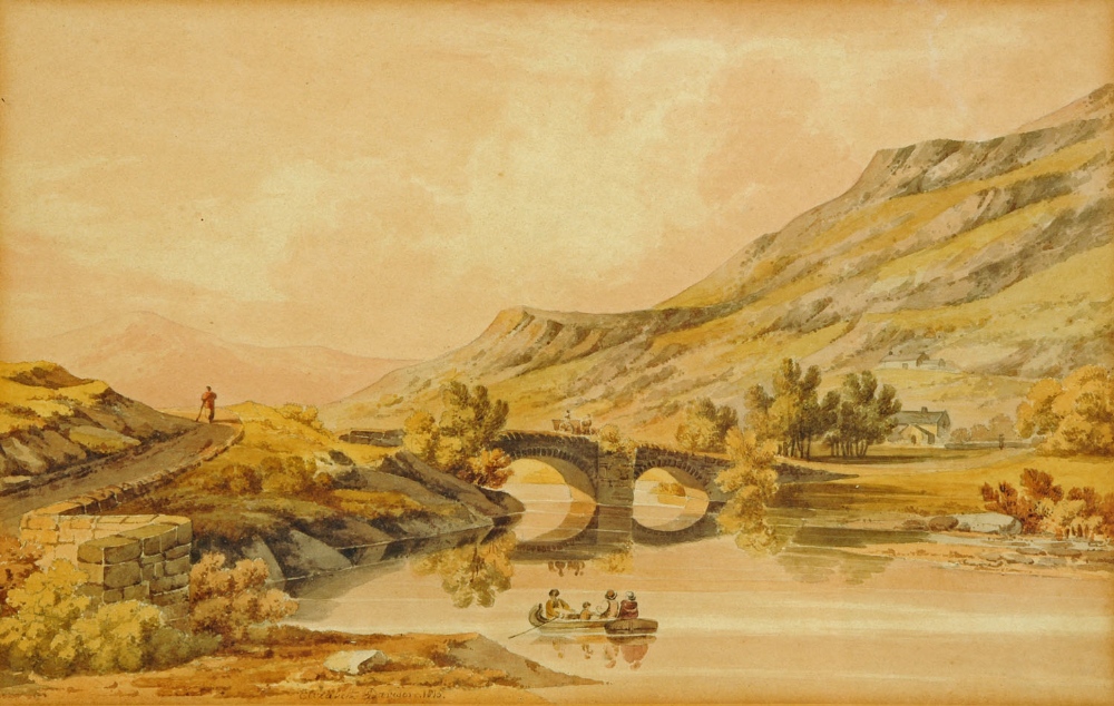 Elizabeth Davison, watercolour, bridge over river in rural landscape.  8.5 ins x 13.5 ins, framed.