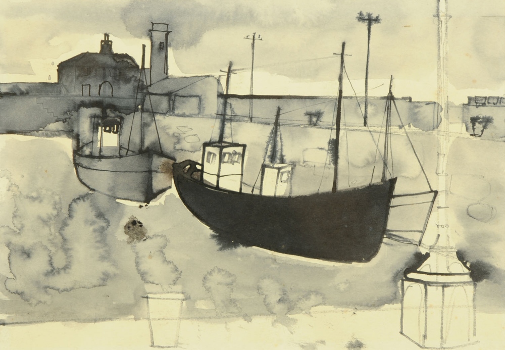 Percy Kelly, pen and watercolour drawing, "Whitehaven Harbour".  8 ins x 11 ins, framed, bearing