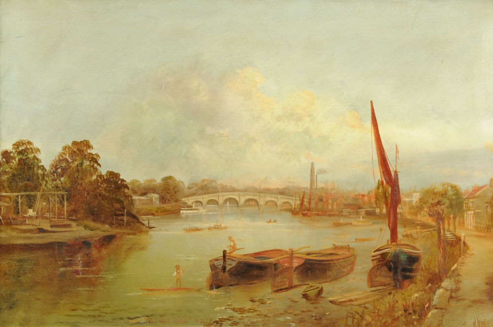 J. Lewis, oil painting on canvas, "Old Kew Bridge" 1877.  20 ins x 29 ins, framed.