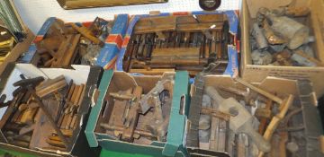 Six boxes containing a large quantity of vintage tools to include a large quantity of wooden