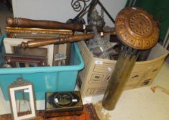Two boxes of miscellaneous metal and other wares to include a trench art vase, inscribed "1914-