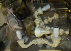 A metal milk pail, assorted fireside tools, a modern vase, cream coloured wall lights, modern dolls,