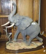 A large figure of an elephant on naturalistic base, mounted on a wooden plinth, inscribed "B.