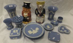 A Burlington ware character jug, a Portuguese pig character jug and a collection of Wedgwood pale