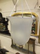 A Continental frosted glass bell shaped ceiling light with gilt brass ram's head decoration and