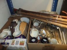 Two boxes of assorted miscellaneous china to include pairs of vases, etc, together with a bundle