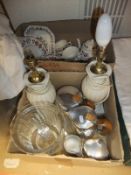 A box containing a four piece Picquot ware tea service, together with a pair of modern cream table