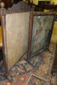 A large 19th Century carved oak fire screen with fabric panel inset and acanthus decorated surmount,