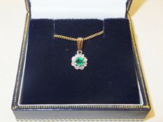 A round facet cut 3.8 mm emerald and eight brilliant cut diamonds round cluster pendant on a 9 carat