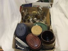 A box of assorted metal wares to include a plated four piece tea service, copper kettle, etc,