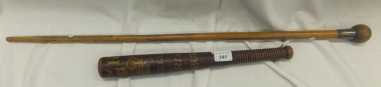 A Victorian truncheon marked "St. Gregory Parish Sudbury", together with a walking stick with