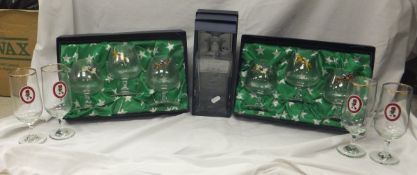 A selection of glass drinking vessels, all on horse racing theme, boxed, together with ten ale
