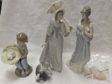 Two Lladro figures of ladies in Edwardian dress, a Lladro figure of a kitten with mouse, and a