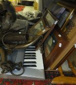 Assorted horse harnes, a Yamaha PSR-295 keyboard, together with assorted prints and a towel rail