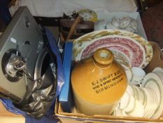 Two boxes of assorted decorative china wares to include an E J Swift & Co. Wine and Spirit Merchants