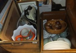 Two tin trunks containing various china, pictures, etc, to include two Royal Worcester "Evesham"