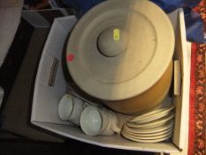 A stoneware bread bin, together with a collection of Hornsea pottery tea wares to include six cups