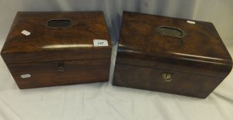 A Victorian walnut sewing box with pale green quilted interior, together with a Victorian polished