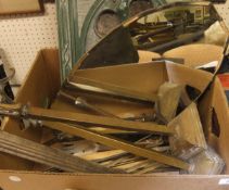A box containing assorted fire tools, mirror, etc,