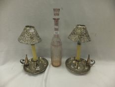 A pair of plated chamber sticks, the adjustable candle holders and shades stamped "Gorham Co. (