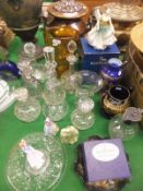 Assorted glassware to include decanters, Bristol blue ground glass twin-handled vase in the Greco-