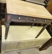 A 19th Century side table with painted finish and stripped top, the two frieze drawers and one dummy