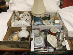 Four boxes of assorted china wares to include Royal Doulton "Gold Lace" teacups, Crown Derby