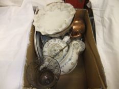 A box containing assorted china wares to include a Victorian gilt decorated tea set, Chinese bowl,