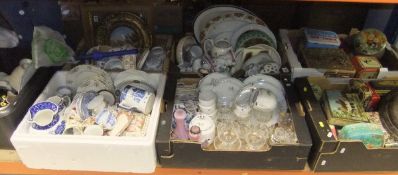 Five boxes of assorted decorative china wares, etc, together with two boxes of assorted vintage tins