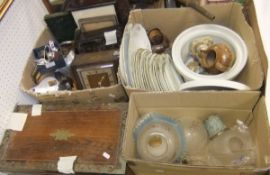 A rosewood and brass inlaid writing slope together with three boxes of sundry items to include