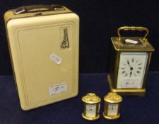 A circa 1900 French brass cased carriage timepiece, two miniature brass cased carriage timepieces
