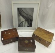 Three assorted wooden boxes, one fitted as a sewing box, together with a framed and glazed black and