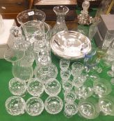 Assorted glassware to include brandy glasses, bowls, vases and decanters