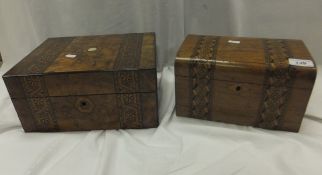 A burr walnut and marquetry inlaid workbox with part fitted interior, together with one other