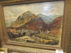 BRITISH SCHOOL CIRCA 1900 "Mountain landscape with figures conversing by a stone bridge", oil on