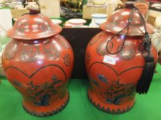 A pair of 19th Century Chinese papier-mache and cinnabar lacquered baluster shaped vases and