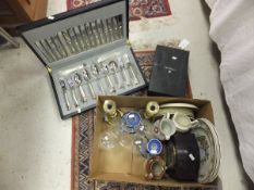 A box of miscellaneous items to include a Smith bakelite mantle clock, Susie Cooper salad plate, a
