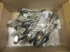 A box of assorted cutlery, to include five 19th Century silver table spoons, seven various silver