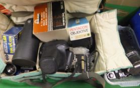 A bag containing a collection of camera equipment, lenses, etc, to include a Pentax Spotmatic camera