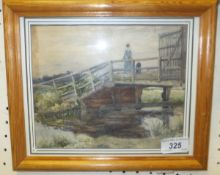 EMELINE STOKES "Figures on a bridge, Suffolk", watercolour, signed lower left and dated 1902