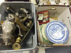 A box containing assorted metal wares, to include plated four piece tea set, pair of brass