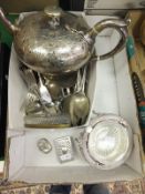 A box of assorted plated wares, to include a Victorian teapot, various cutlery, a butter dish etc,