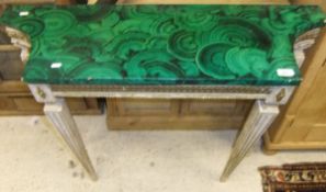 A modern painted side table, the shaped malachite effect top above square tapering legs