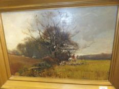 LEIGH SAMPSON "Hunting scene with huntsman and hounds in foreground, plough team on a field in