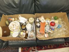 Two boxes of miscellaneous china and glassware to include a Sutherland style lustreware jug
