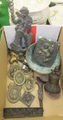 A box of various metal wares to include Classical style table bell, bronze bowl, bronze crucifix