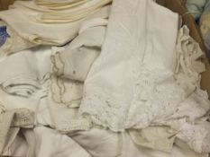 A box of assorted table linens, etc