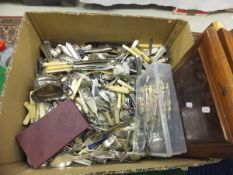 A box of assorted cutlery, to include Crown Derby style handled examples, etc