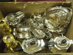 A box of assorted plated wares, to include a pair of sauce boats, hip flask with brown leather